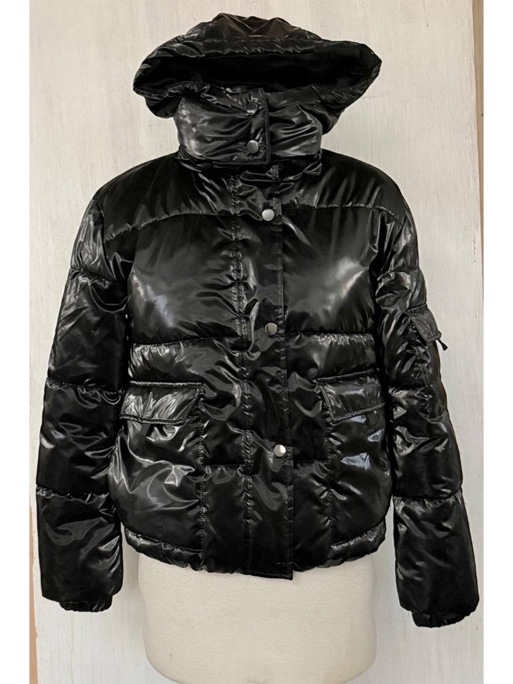 Icon Apparel Glossy Black Puffer Jacket Detachable Hood Removable Velour Inner S